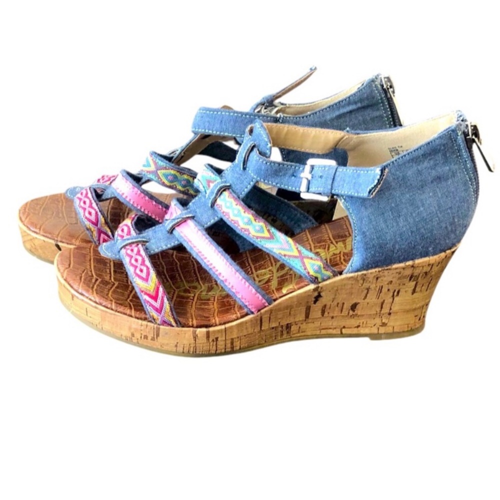 NEW SAM EDELMAN Women's 5 Elsie Tia Denim Sandals Multi Strap Cork Wedge Plat